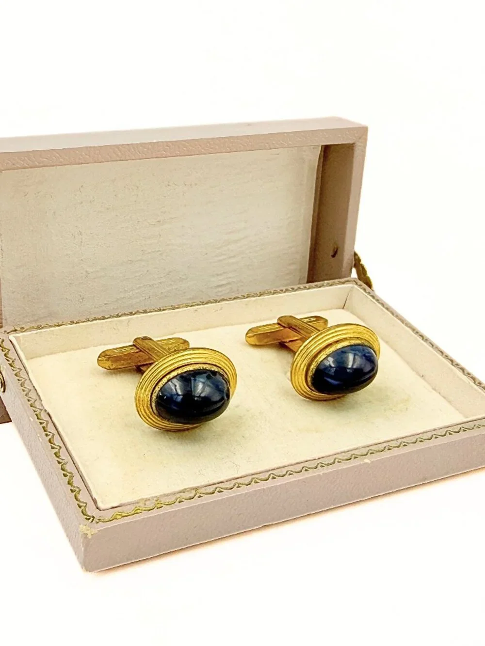 Hickok USA MCM Blue Oval Glass Cab Gold Plated Tuxedo Cufflinks